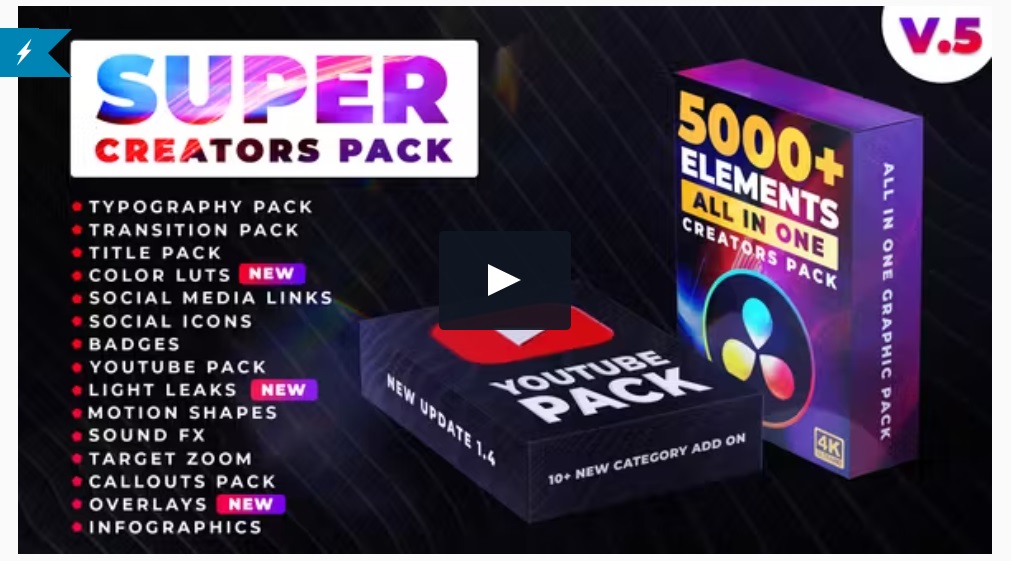 Descargue el paquete Super Creators (más de 5000 elementos) para DaVinci Resolve