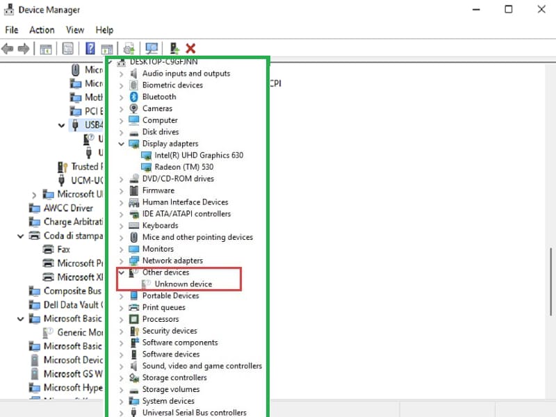 Administrador de dispositivos que muestra un dispositivo Unisoc