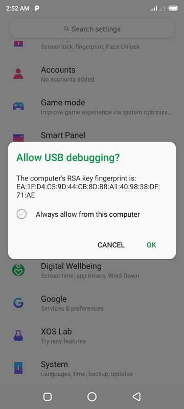 permitir mensaje USB