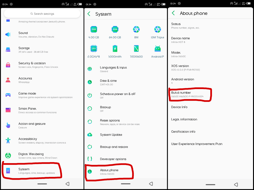 número de compilación de infinix hot 8